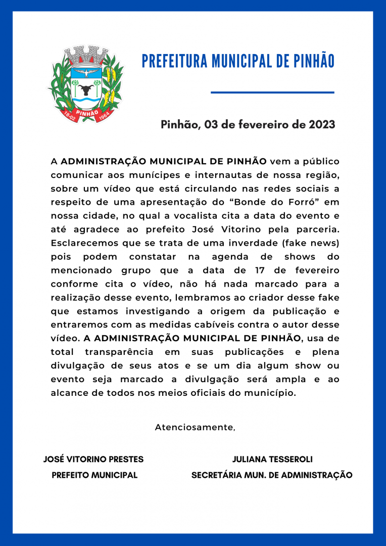 Nota De Esclarecimento Prefeitura De Pinhão Pr 3028